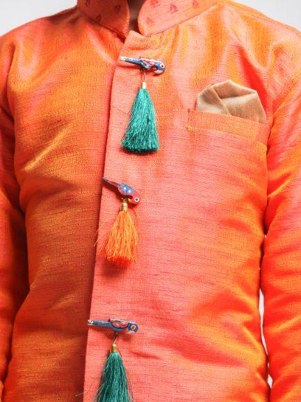 Vastramay Boys' Orange Cotton Silk Blend Kurta and Dhoti Set