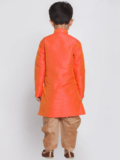 Vastramay Boys' Orange Cotton Silk Blend Kurta and Dhoti Set