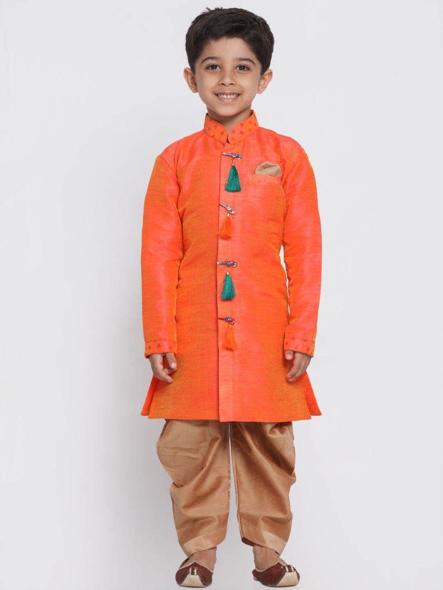 Vastramay Boys' Orange Cotton Silk Blend Kurta and Dhoti Set