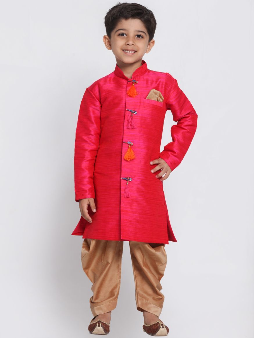 Vastramay Boys' Pink Cotton Silk Blend Kurta and Dhoti Set