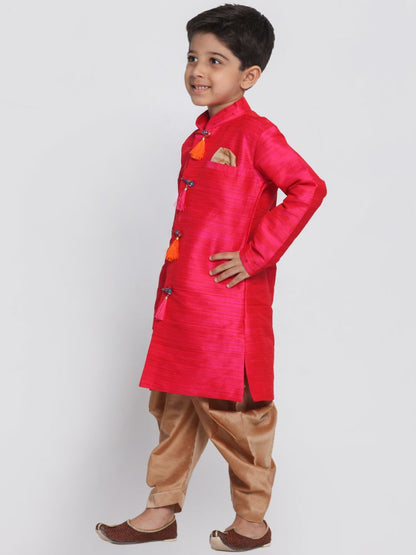 Vastramay Boys' Pink Cotton Silk Blend Kurta and Dhoti Set