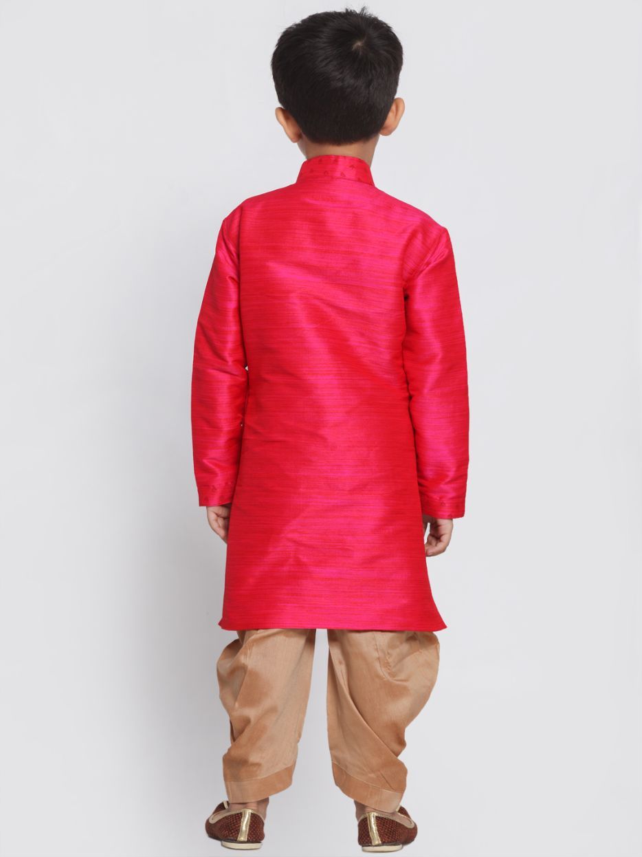 Vastramay Boys' Pink Cotton Silk Blend Kurta and Dhoti Set