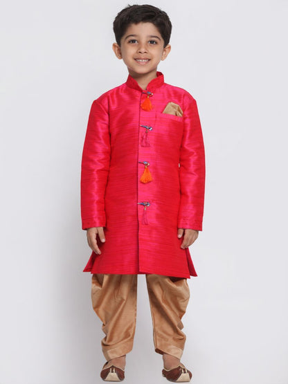 Vastramay Boys' Pink Cotton Silk Blend Kurta and Dhoti Set