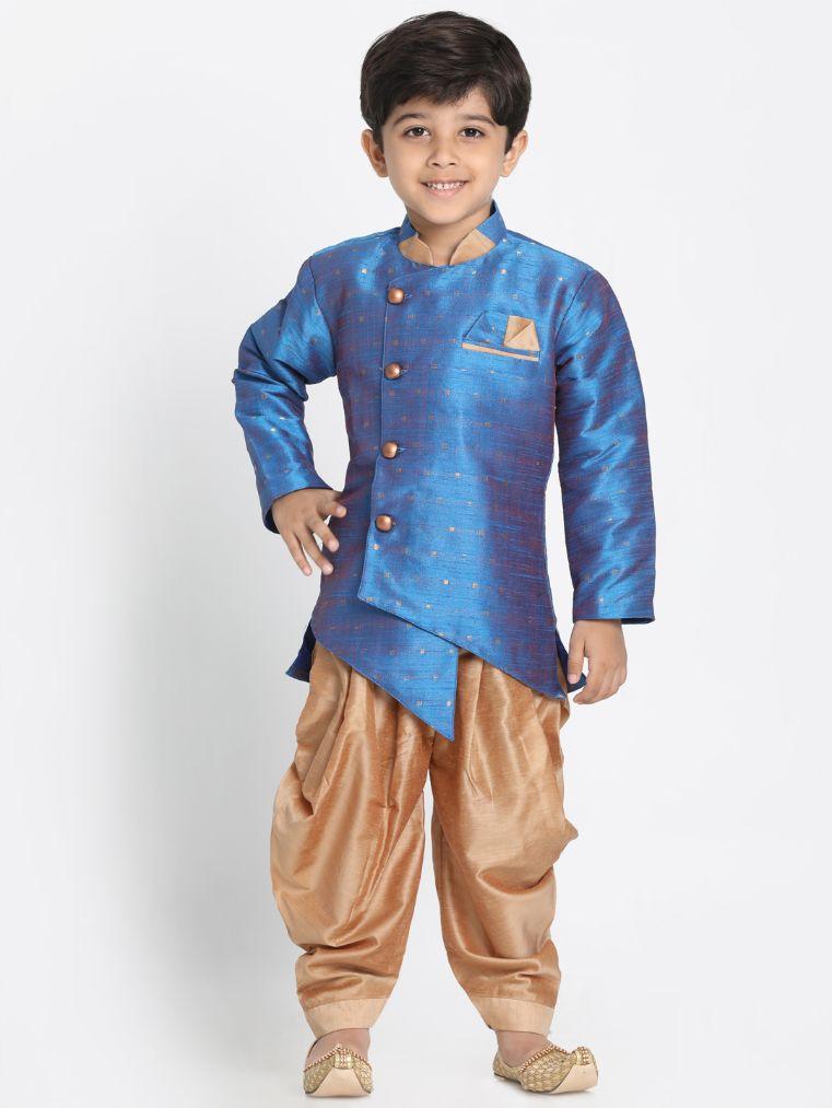 JBN CREATION Boys' Light Blue Cotton Silk Blend Kurta and Dhoti Set