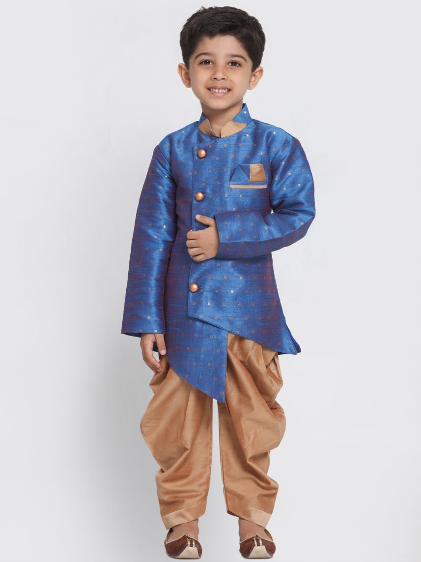 JBN CREATION Boys' Blue Cotton Silk Blend Kurta and Dhoti Set