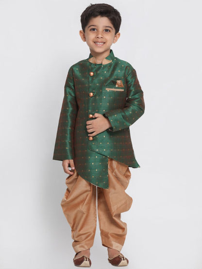 Vastramay Boys' Green Cotton Silk Blend Kurta and Dhoti Set