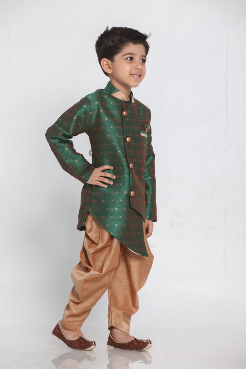 Vastramay Boys' Green Cotton Silk Blend Kurta and Dhoti Set