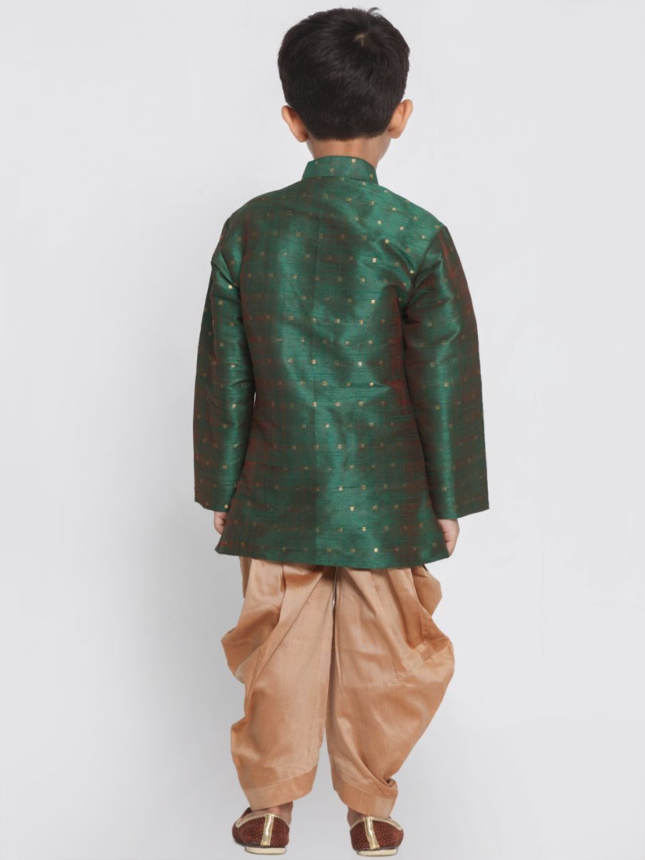 Vastramay Boys' Green Cotton Silk Blend Kurta and Dhoti Set