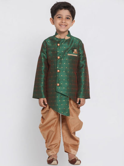 Vastramay Boys' Green Cotton Silk Blend Kurta and Dhoti Set