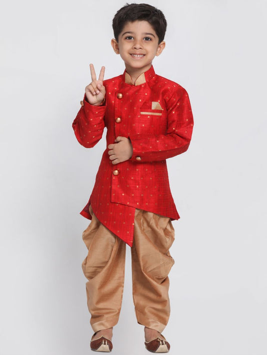 JBN CREATION Boys' Maroon Cotton Silk Blend Kurta and Dhoti Set