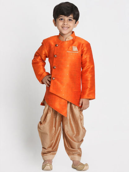 JBN CREATION Boys' Orange Cotton Silk Blend Kurta and Dhoti Set