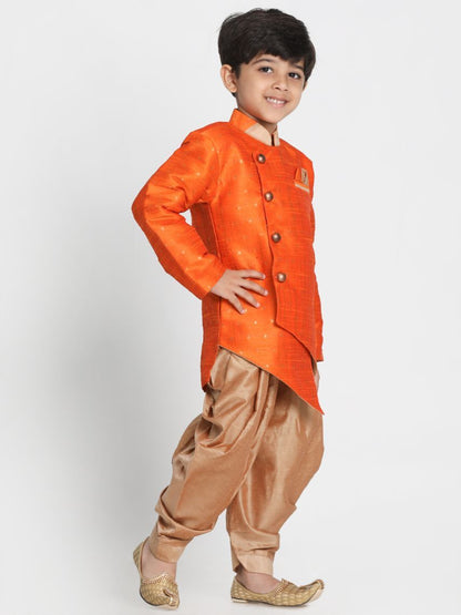 JBN CREATION Boys' Orange Cotton Silk Blend Kurta and Dhoti Set