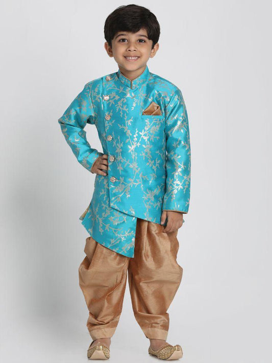 Vastramay Boys' Light Blue Cotton Silk Blend Sherwani and Dhoti Set