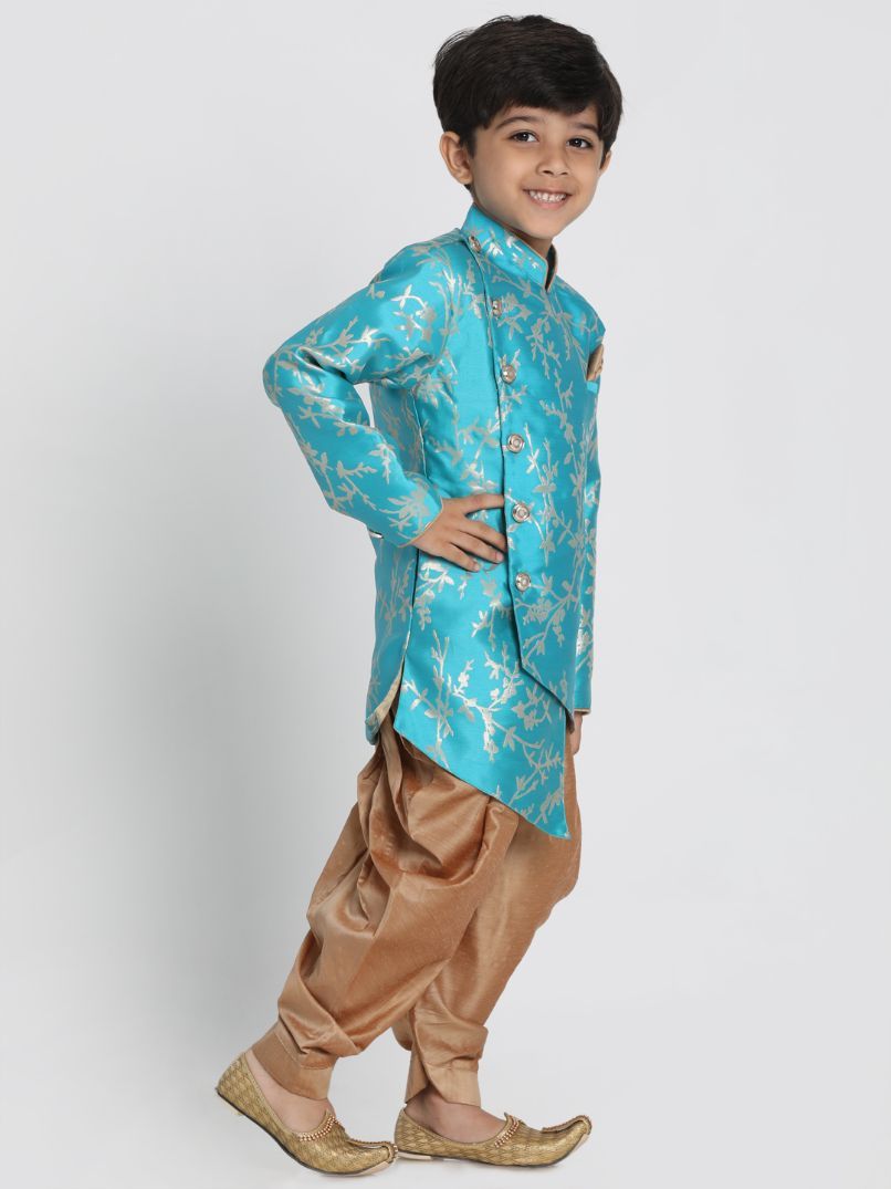 Vastramay Boys' Light Blue Cotton Silk Blend Sherwani and Dhoti Set