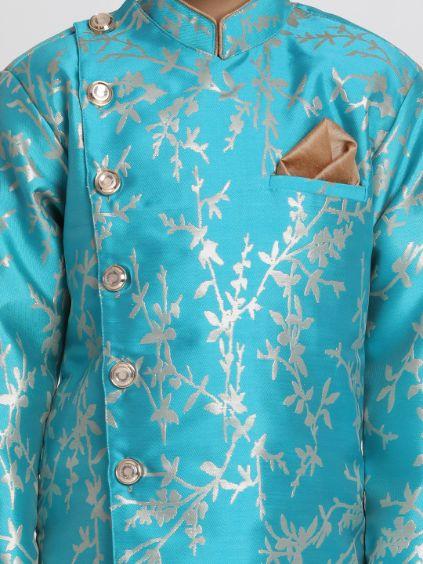 Vastramay Boys' Light Blue Cotton Silk Blend Sherwani and Dhoti Set