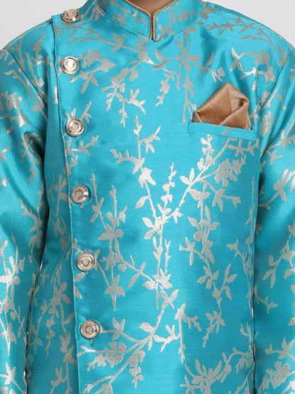 Vastramay Boys' Light Blue Cotton Silk Blend Sherwani and Dhoti Set