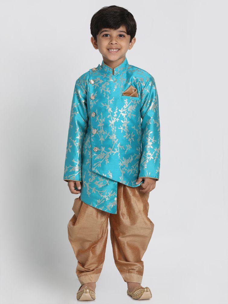 Vastramay Boys' Light Blue Cotton Silk Blend Sherwani and Dhoti Set