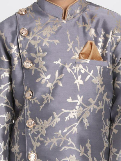 Vastramay Boys' Grey Cotton Silk Blend Kurta and Dhoti Set