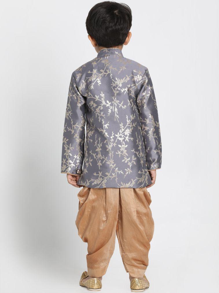 Vastramay Boys' Grey Cotton Silk Blend Kurta and Dhoti Set