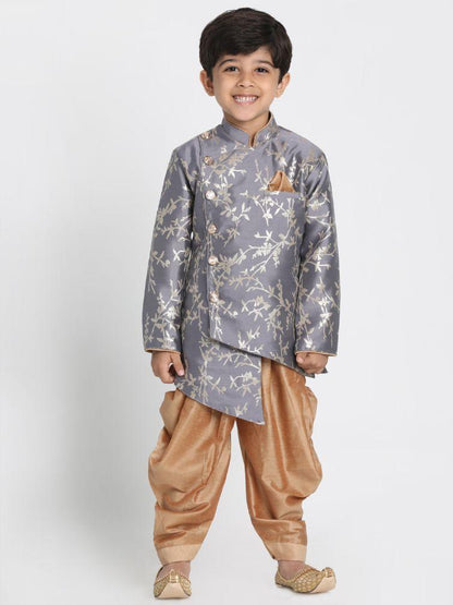 Vastramay Boys' Grey Cotton Silk Blend Kurta and Dhoti Set