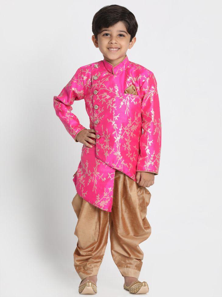 Vastramay Boys' Pink Cotton Silk Blend Kurta and Dhoti Set