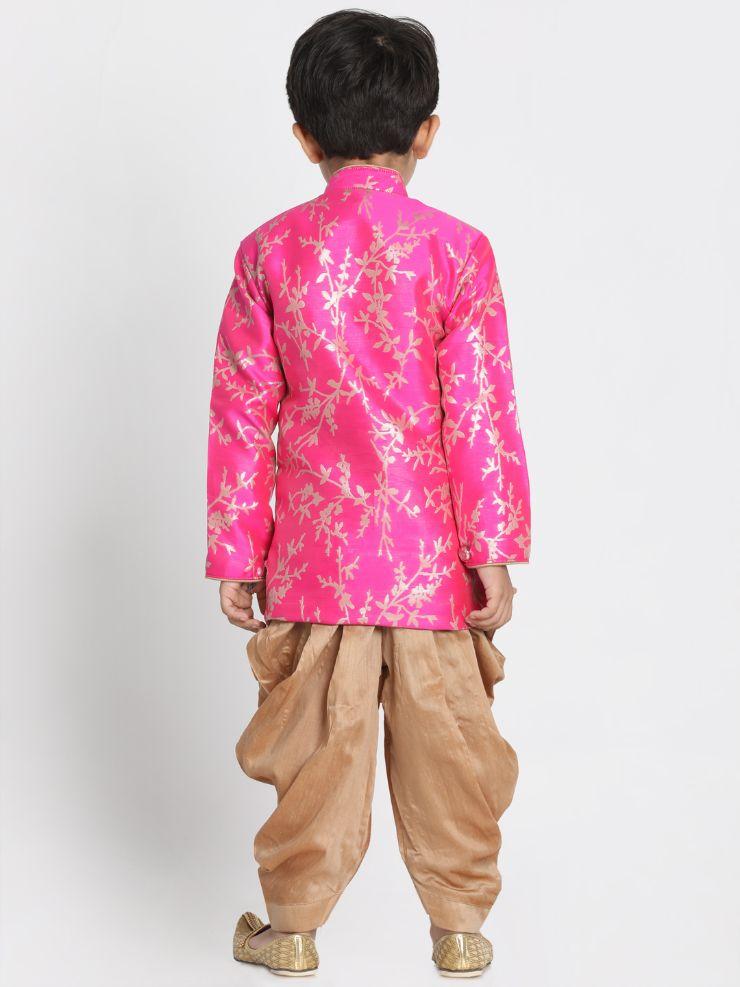 Vastramay Boys' Pink Cotton Silk Blend Kurta and Dhoti Set