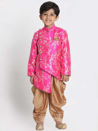 Vastramay Boys' Pink Cotton Silk Blend Kurta and Dhoti Set