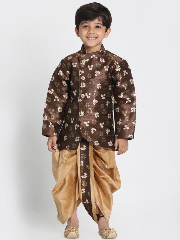 Vastramay Boys' Brown Silk Blend Kurta and Dhoti Set