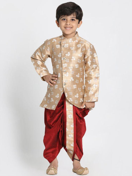 Vastramay Boys' Beige Silk Blend Sherwani and Dhoti Set