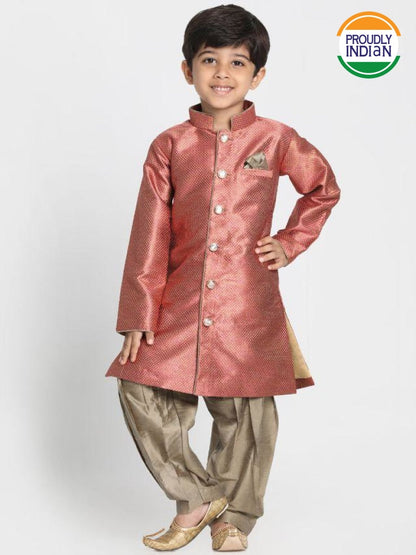 Vastramay Boys' Maroon Jute Silk Blend Sherwani Set