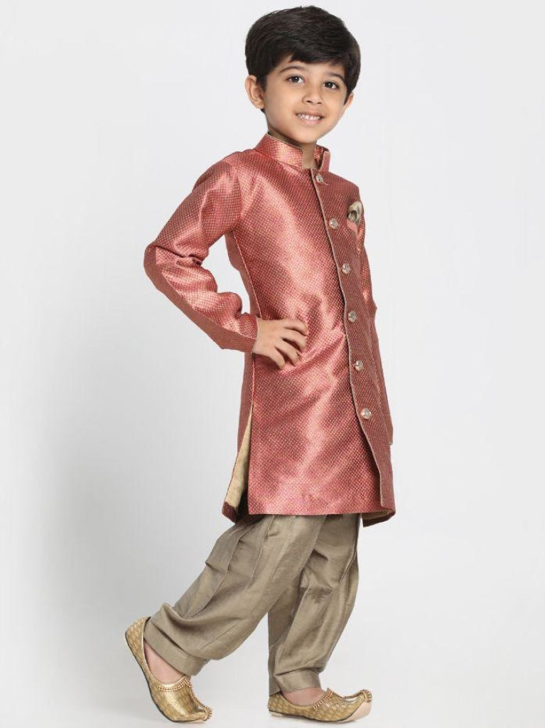 Vastramay Boys' Maroon Jute Silk Blend Sherwani Set