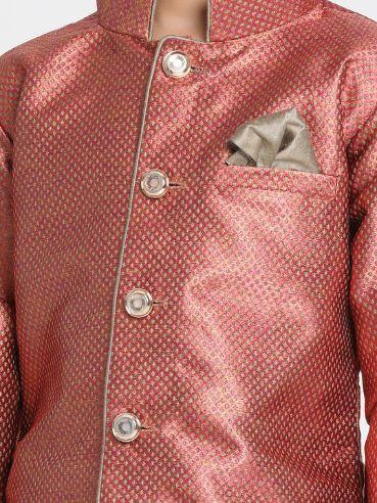 Vastramay Boys' Maroon Jute Silk Blend Sherwani Set