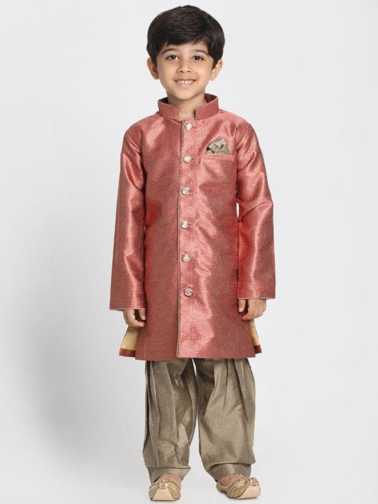 Vastramay Boys' Maroon Jute Silk Blend Sherwani Set