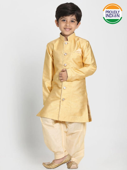 Vastramay Boys' Yellow Jute Silk Blend Sherwani Set