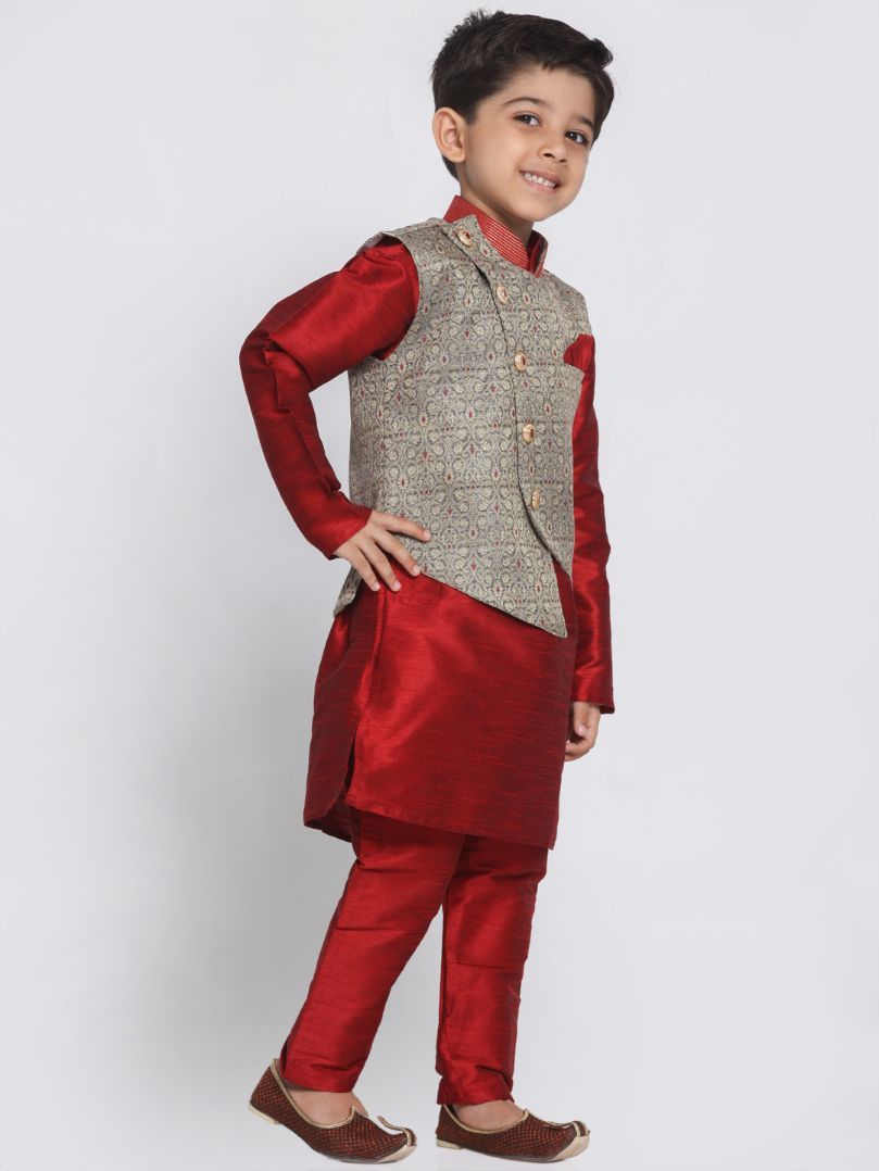 Vastramay Boys' Maroon Silk Blend Kurta, Nehru Jacket and Pyjama Set