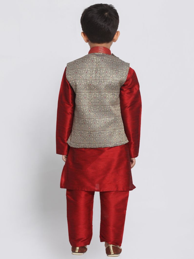 Vastramay Boys' Maroon Silk Blend Kurta, Nehru Jacket and Pyjama Set