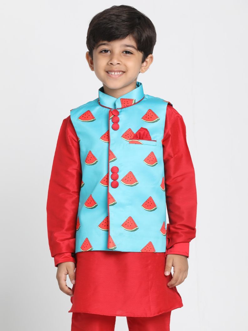 Vastramay Boys' Quirky Watermelon Print Nehru Jacket