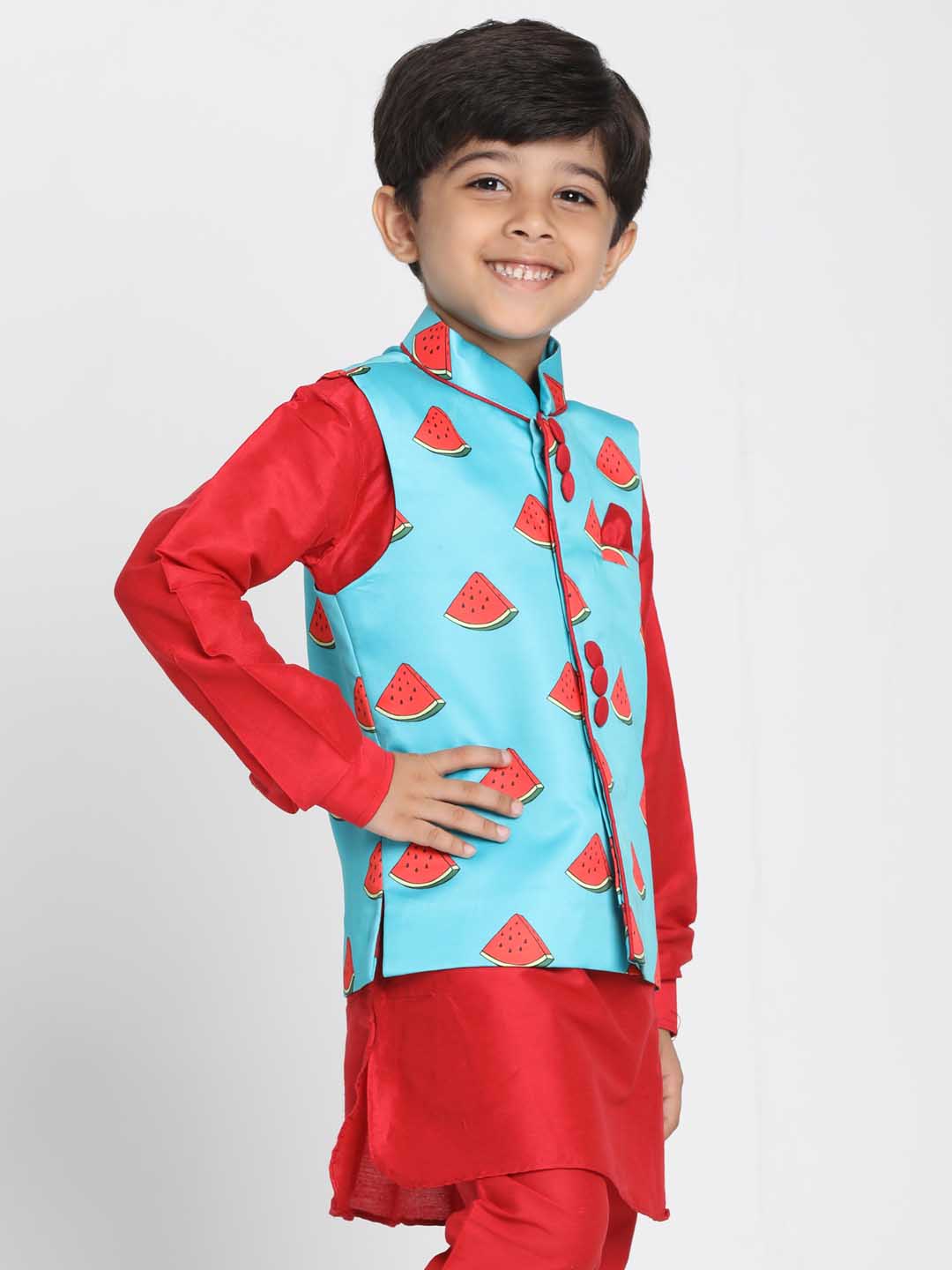 Vastramay Boys' Quirky Watermelon Print Nehru Jacket