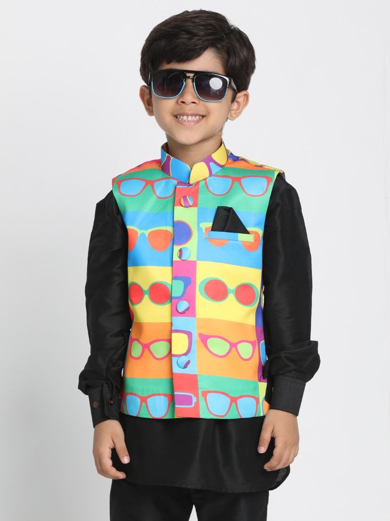 Vastramay Boys' Quirky Sunglass Print Nehru Jacket