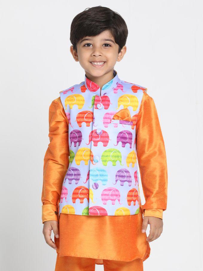 Vastramay Boys' Quirky Elephant Print Nehru Jacket