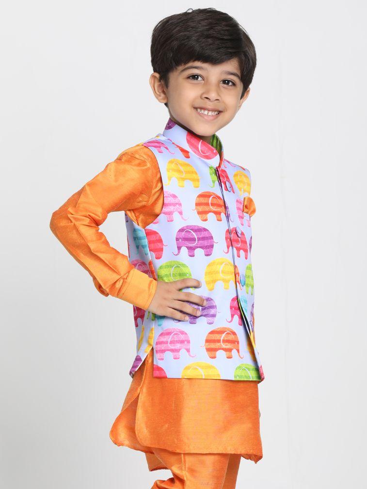 Vastramay Boys' Quirky Elephant Print Nehru Jacket