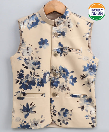 Vastramay Boy's Digital Foil Printed Cream Nehru Jacket