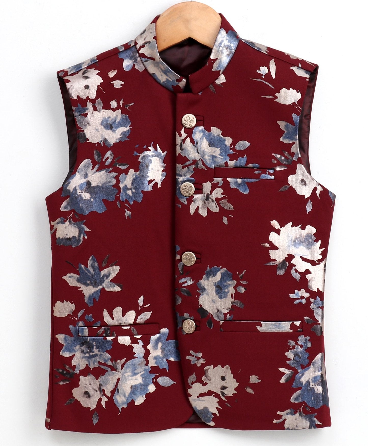 Vastramay Boy's Digital Foil Printed Maroon Nehru Jacket