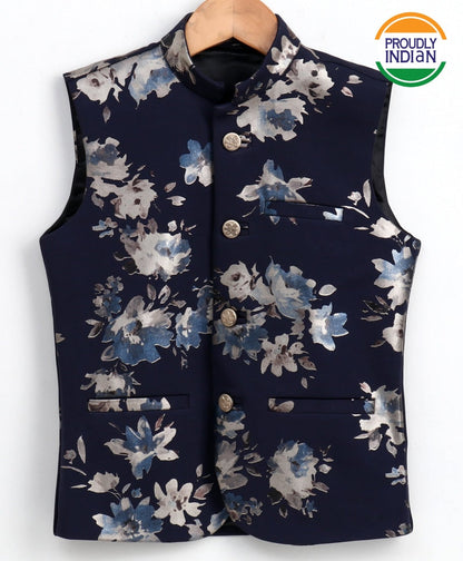 Vastramay Boy's Digital Foil Printed Navy Blue Nehru Jacket