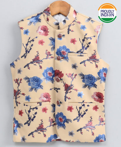 Vastramay Imported Fabric Floral Print Cream Nehru Jacket