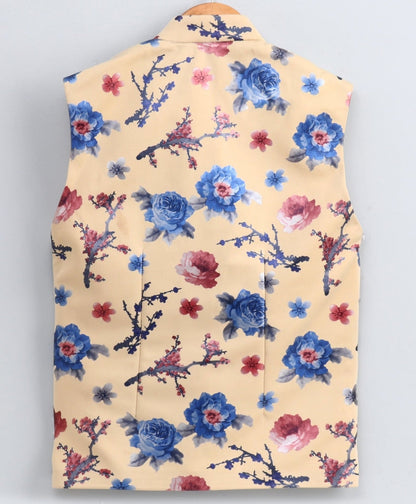 Vastramay Imported Fabric Floral Print Cream Nehru Jacket