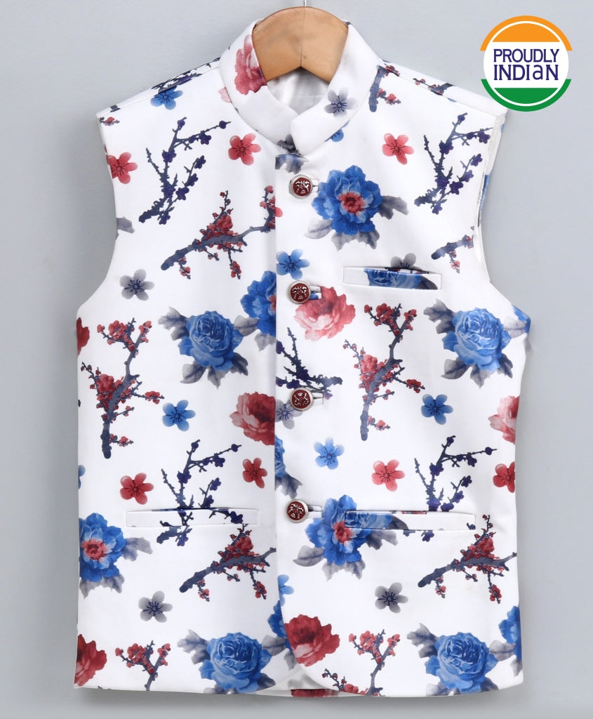 Vastramay Boy's Imported Fabric Floral Print White Nehru Jacket