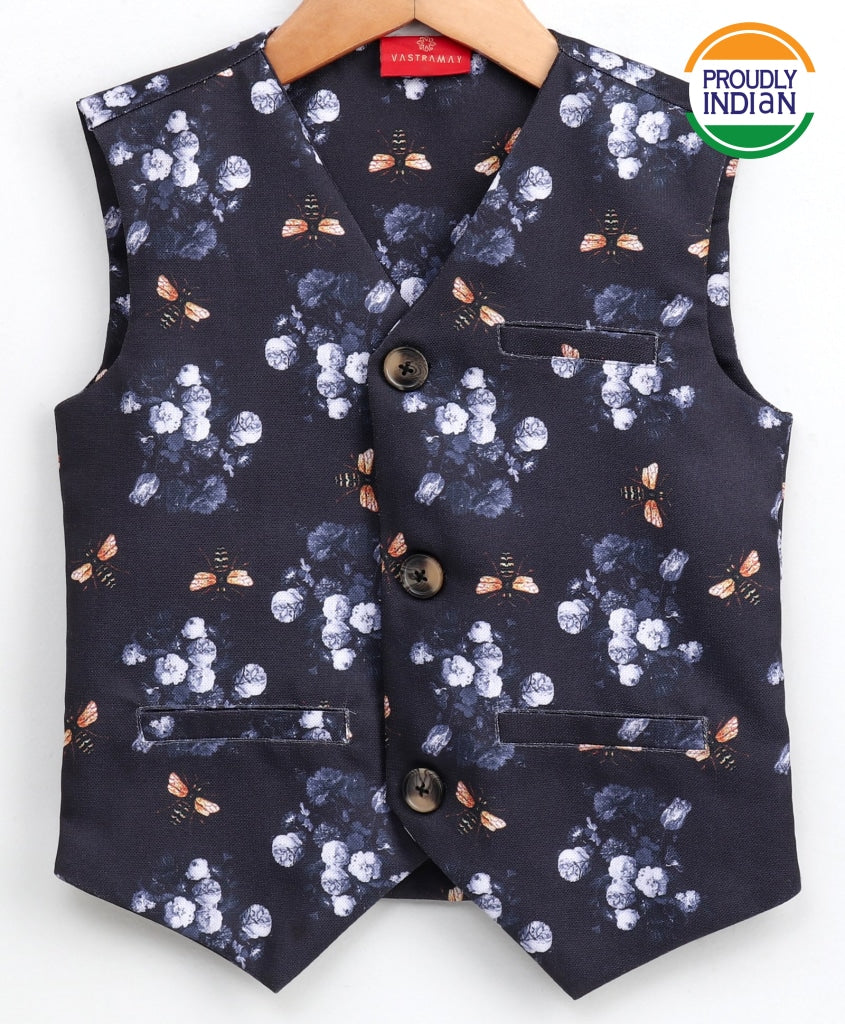 Vastramay Bopy's Jute Feel Fabric Digital Printed Navy Blue Nehru Jacket