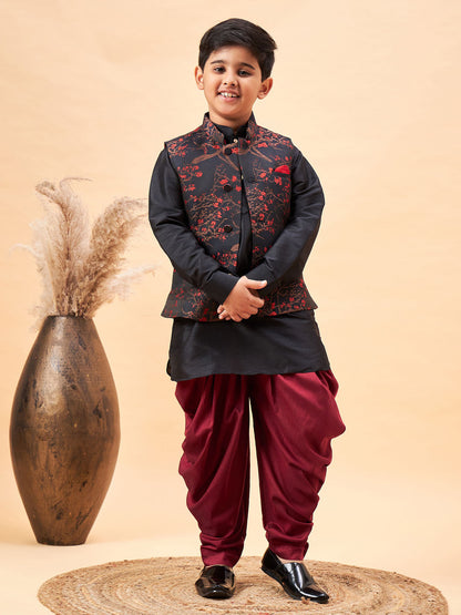 JBN CREATION Boys Maroon Jacquard Jacket With Black kurta and Dhoti Set