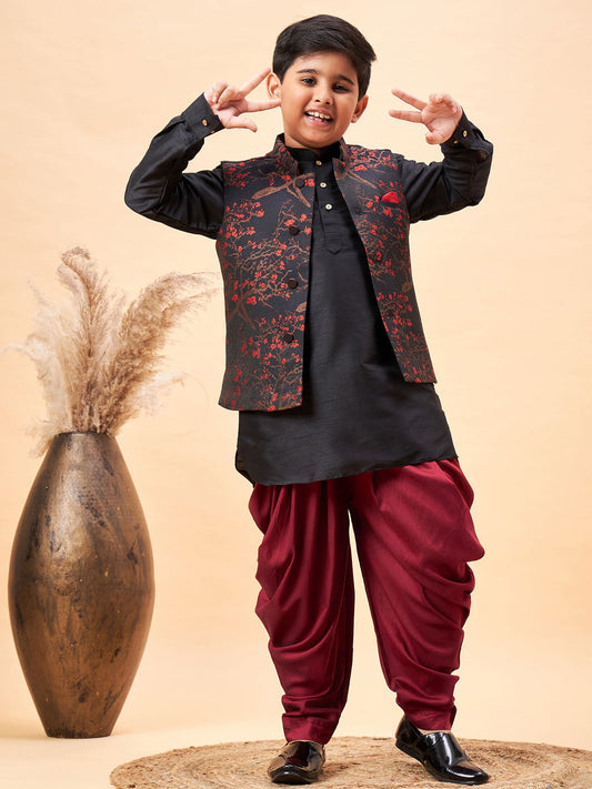 JBN CREATION Boys Maroon Jacquard Jacket With Black kurta and Dhoti Set